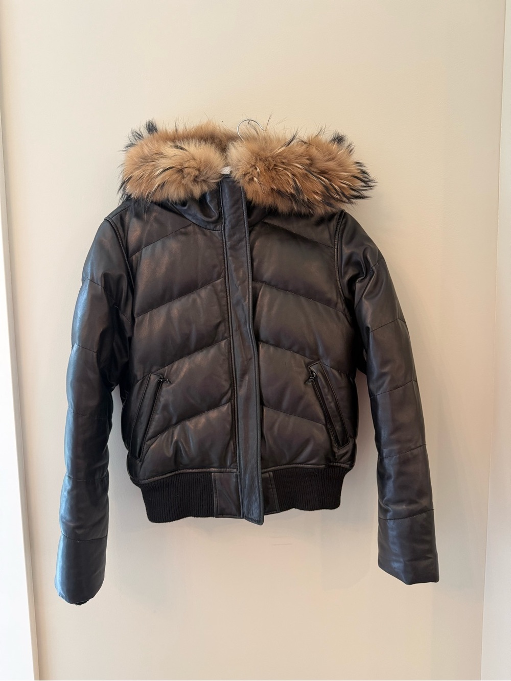 Andrew Marc Black Leather Puffer Jacket with Brown Fur-Trim Hood